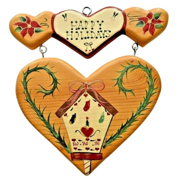 Vintage 1995 Happy Holidays Wood Heart Wall Hanging Birdhouse Hand Painted Sign - Picture 1 of 4